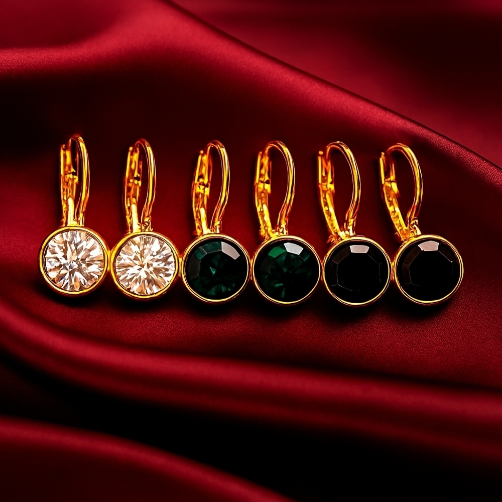 Women's Set of 3 Gold-Tone Leverback Minicci Earrings in Black, Green & Clear